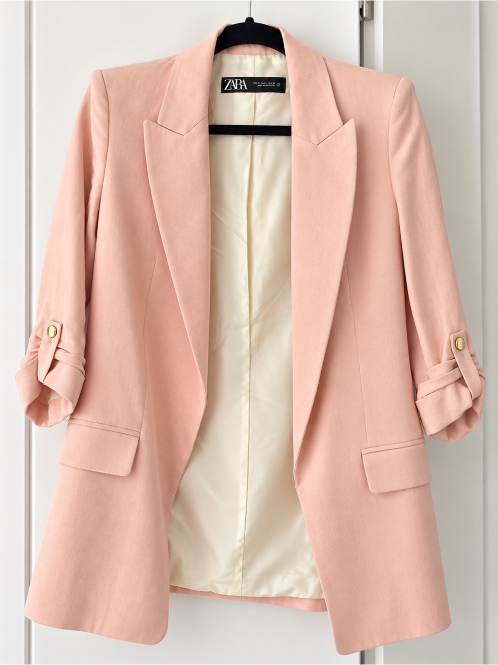 Zara Linen Blazer Blush Pink Ruched Sleeve Gold Button XS